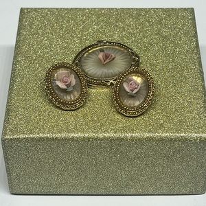 #16 Vintage Cameo Set Floral Pin and Clip on Earrings